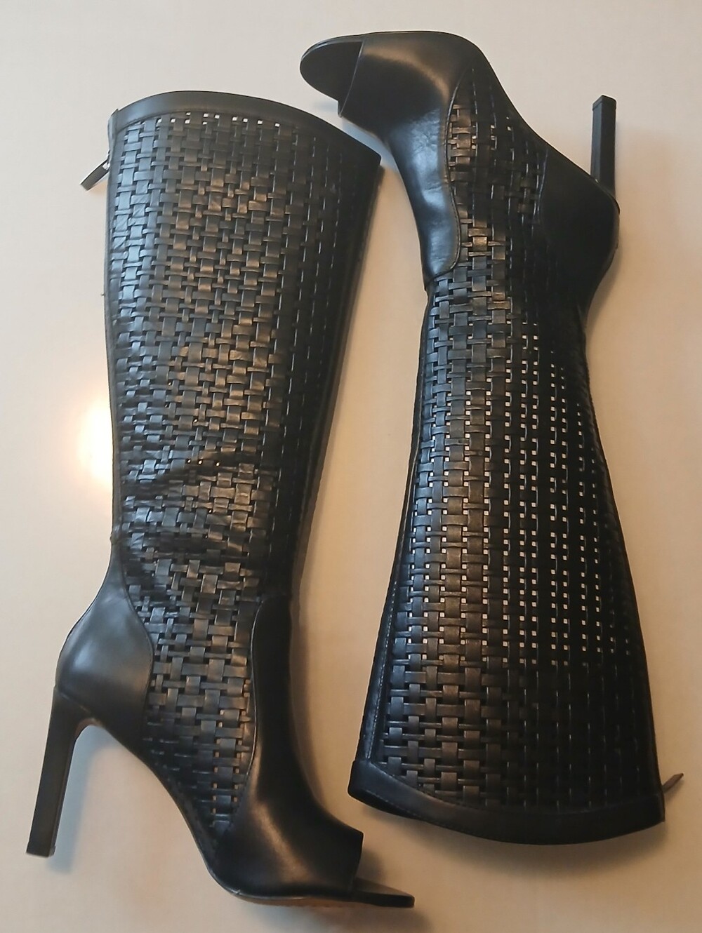 Black Woven Knee-High Peep-Toe Heels - Women